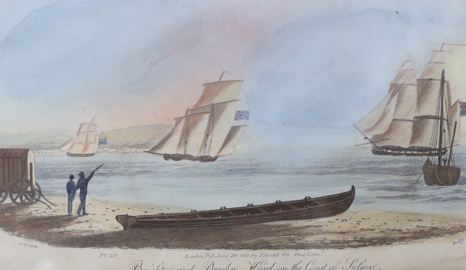 Watts after Jukes, coloured aquatint, A View of Brighthelmstone, 15 x 23cm and six other Brighton prints in four frames